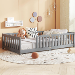 Fully Guardrail Solid Wood Children's Floor Bed